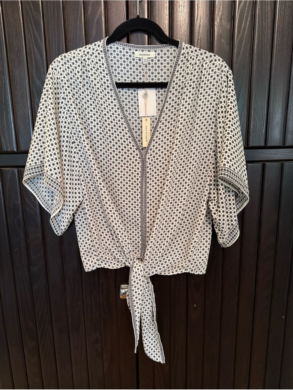 Max Studio White and Black Tie-Front Printed Blouse